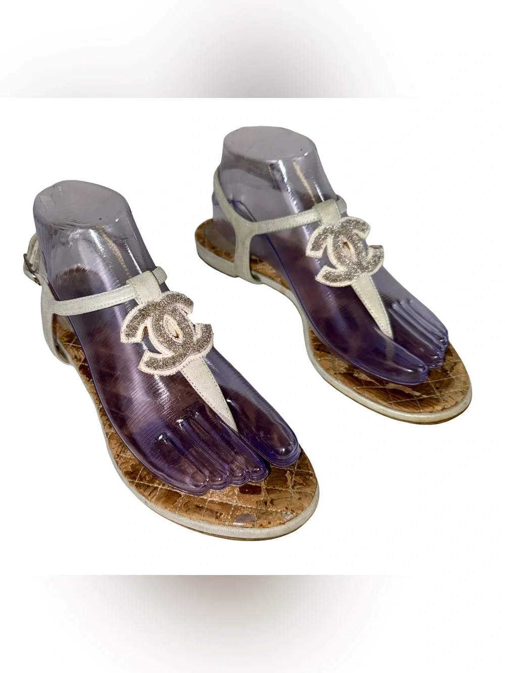 CHANEL GLITTER-EMBOSSED T-STRAP SANDALS